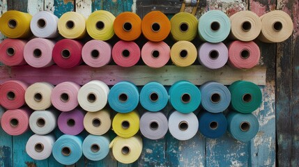 Fototapeta premium Colorful Spools of Thread Arranged on a Rustic Wooden Background
