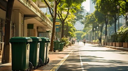 Naklejka premium Large green plastic trash cans on city street. Containers on wheels 