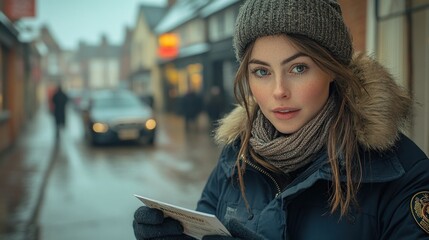 Obraz premium A young woman holds a map in a quaint street, dressed warmly in winter attire.