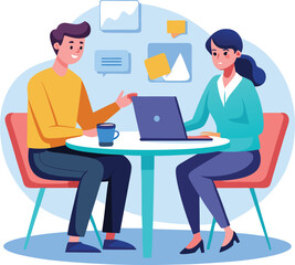 Partners meeting for business discussion with documents and laptop on desk. Couple at round table, speaking, discussing work, partnership. Flat vector on a white background