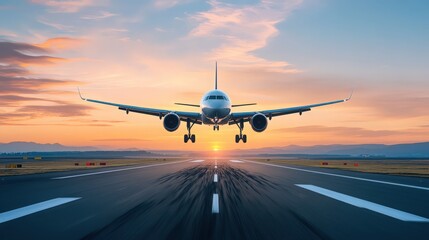 A large airplane is flying over a runway at sunset