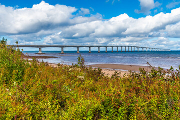 A view past undergrowth towards the Confederation bridge, Prince Edward Island, Canada in the fall