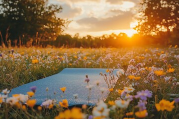 Yoga mat surrounded by wildflowers at sunrise in serene landscape