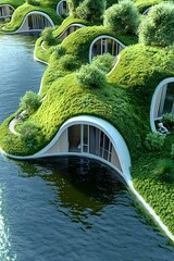 Fototapeta premium A futuristic eco-friendly housing development integrated with nature and water.