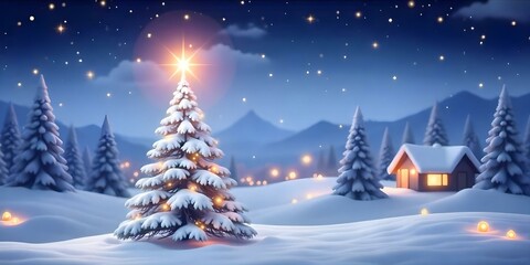 Obraz premium A snowy winter landscape with a decorated Christmas tree in the foreground, surrounded by pine trees and a starry night sky with a bright sun in the background, featuring a cozy cabin nearby.