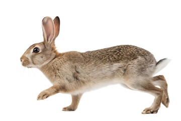 Obraz premium Rabbit running swiftly across a white background showcasing its agility and natural beauty while in motion. Transparent background. PNG. Generative AI