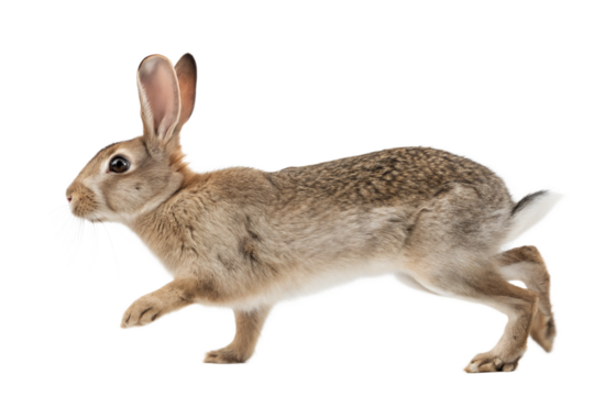 Rabbit running swiftly across a white background showcasing its agility and natural beauty while in motion. Transparent background. PNG. 
 Generative AI