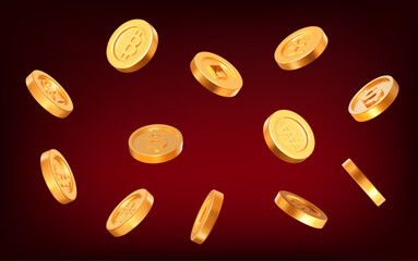 3d flying coins with the sign of bitcoin, Korean Won, Chinese coin, pound sterling, dollar. Stock vector illustration on isolated background.