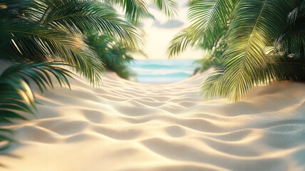 Serene Tropical Beach Sand with Palm Leaves and a Dreamy Paradise Island Backdrop
