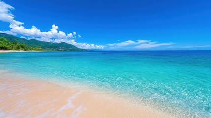 Fototapeta premium A beautiful beach with a clear blue ocean and a few clouds in the sky