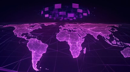 Fototapeta premium A world map glowing in shades of purple and pink, with a digital network of interconnected lines and moving data packets above the Americas, symbolizing big data transfer and cyber technology. 