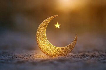 A delicate golden crescent with intricate patterns, placed on the ground, symbolizing Ramadan. The background is blurred to focus attention on the moon and star.