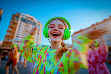A woman in a neon green jacket and green pants is dancing in the street