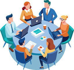Partners meeting for business discussion with documents and laptop on desk. Couple at round table, speaking, discussing work, partnership. Flat vector on a white background