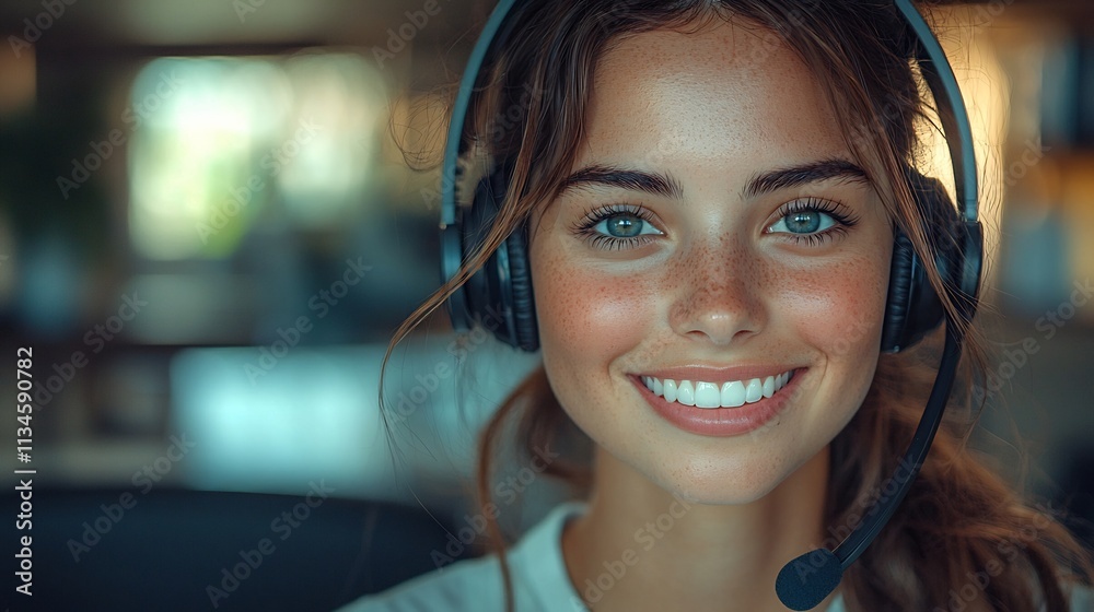 Poster friendly and efficient customer service representative assisting client on computer