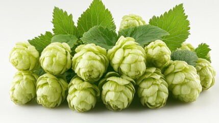 Fototapeta premium A cluster of fresh green hop cones with leaves, often used in brewing beer.