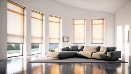 Fototapeta premium Minimalist modern living room with dark grey sofa and big windows