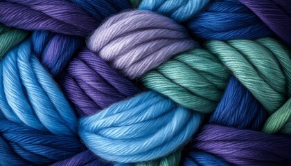 Intertwined Winter Hues A Close-Up of Soft Yarn in Icy Blue, Deep Green, and Purple Tones