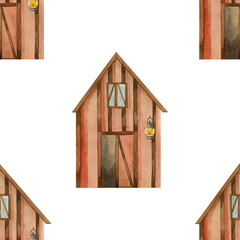 A house, barn or shed for storing grain, hay and tools. Seamless watercolor pattern. All objects are hand-painted with watercolors. Suitable for wallpaper in a children's room, for textiles, printing.