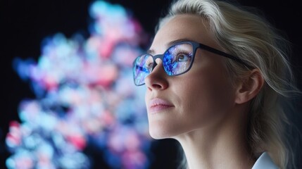Thoughtful woman with glasses looking up at colorful abstract background.