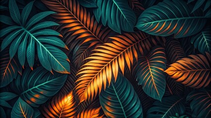 Tropical Leaf Composition Dark Green and Orange Hues, Lush Foliage, Botanical Wallpaper, Jungle Theme Tropical leaves, botanical art