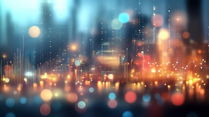 Abstract digital sound wave background with a blurred cityscape and glowing lights for technology, data science, or business concept design.