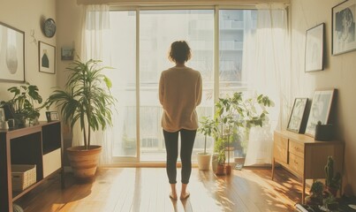 Woman stands, sunlit room, plants, window.