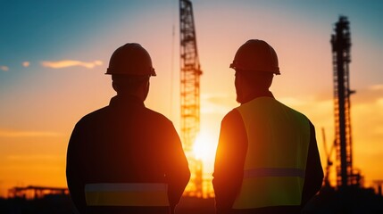 Two men wearing hard hats stand in front of a construction site