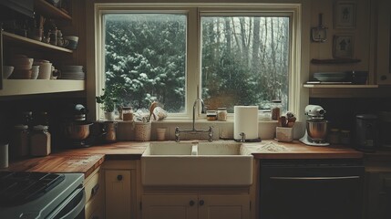 Cozy kitchen interior with farmhouse sink, wooden countertops, and snowy winter view from window.