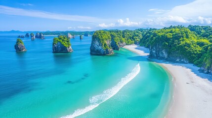 Fototapeta premium A beautiful beach with a blue ocean and a rocky shoreline