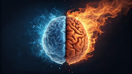 Ice and Fire Brain A Digital 3D Render of a Divided Brain in Opposing Elements, Brainpower, Dualism Brain, Neuroscience
