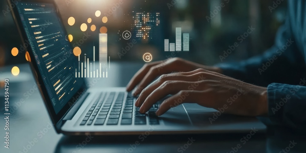 Poster A closeup shows hands typing on a modern laptop, with vibrant data visuals and intricate graphs, representing advanced technology, analysis, and goal setting in todays fastpaced work environment