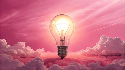 Glowing Lightbulb in Pink Sky Digital Art, Cloudscape, Idea Concept, Illumination Creativity, Inspiration