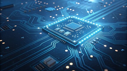 Glowing CPU on Circuit Board Digital Tech Concept, Microchip, Technology Microprocessor, AI