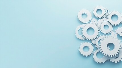 An abstract design with a cluster of interconnected white gears positioned on a pale blue background. 