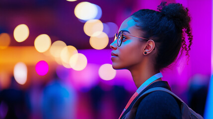 thoughtful woman at vibrant tech conference