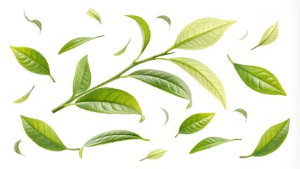 Floating Green Tea Leaves Branch, Leaves, White Background, Nature, Freshness, Tea Photography Tea, Green Tea