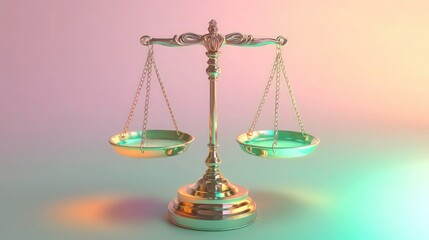 An elegant iridescent glass balance scale, glowing in soft pastel green and soft orange tones, balanced against a gradient background that transitions from lavender to mint. 