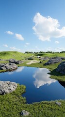 Fototapeta premium Serene Landscape with Reflective Pond, Rolling Hills, and Blue Sky with Fluffy Clouds on a Sunny Day