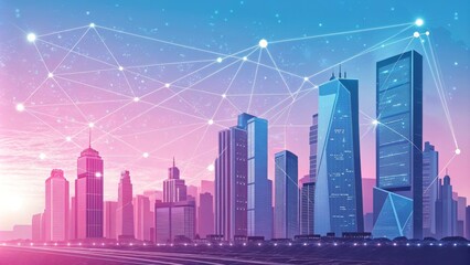 Digital Cityscape Networked Skyscrapers at Dusk, Digital Art, City, Network Smart City, Metaverse