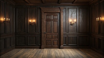 Dark Wood Paneling Room Interior 3D Render, Classic Door, Candlelight, Wooden Floor, Gothic Design Gothic Interior, Wood Paneling