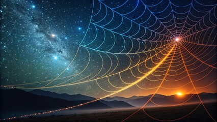 Cosmic Spiderweb Night Sky, Landscape, Glowing Web Composition, Digital Art Keywords Abstract, Fantasy
