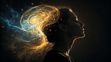 Obraz premium Cosmic Mind Profile Portrait with Energetic Brainwave Composition, Abstract, Digital Art, Woman, Imagination Mindfulness, Consciousness