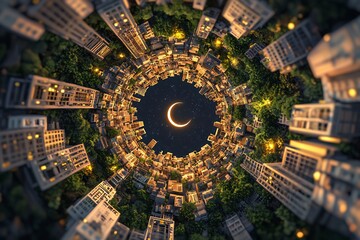 Mesmerizing Aerial Cityscape with Surreal Glowing Moon Reflection in Distorted Urban Landscape