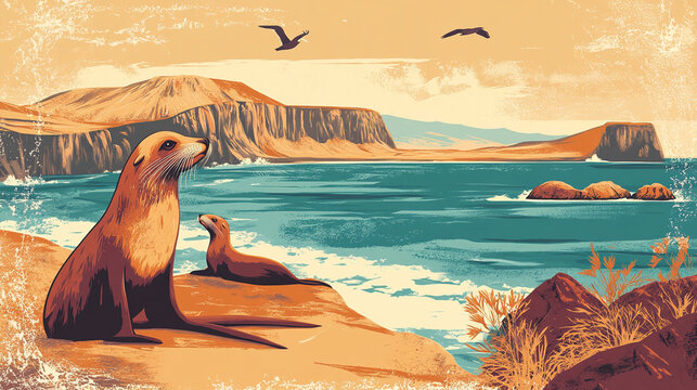 Charming Paracas poster with sea lions, birds, and lively coastal landscapes, evoking nostalgic travel vibes.