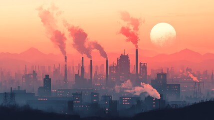 Naklejka premium Sunset over Industrial Cityscape: A Digital Painting of Pollution and Industry at Dusk