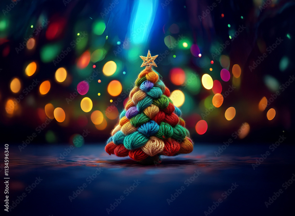 Poster a vibrant, yarn-crafted christmas tree stands illuminated against a bokeh backdrop of colorful light