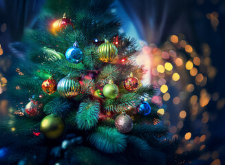 Fototapeta premium A beautifully decorated Christmas tree sparkles with colorful ornaments and warm lights, creating a festive atmosphere. The bokeh effect in the background adds to the magical ambiance of the scene.