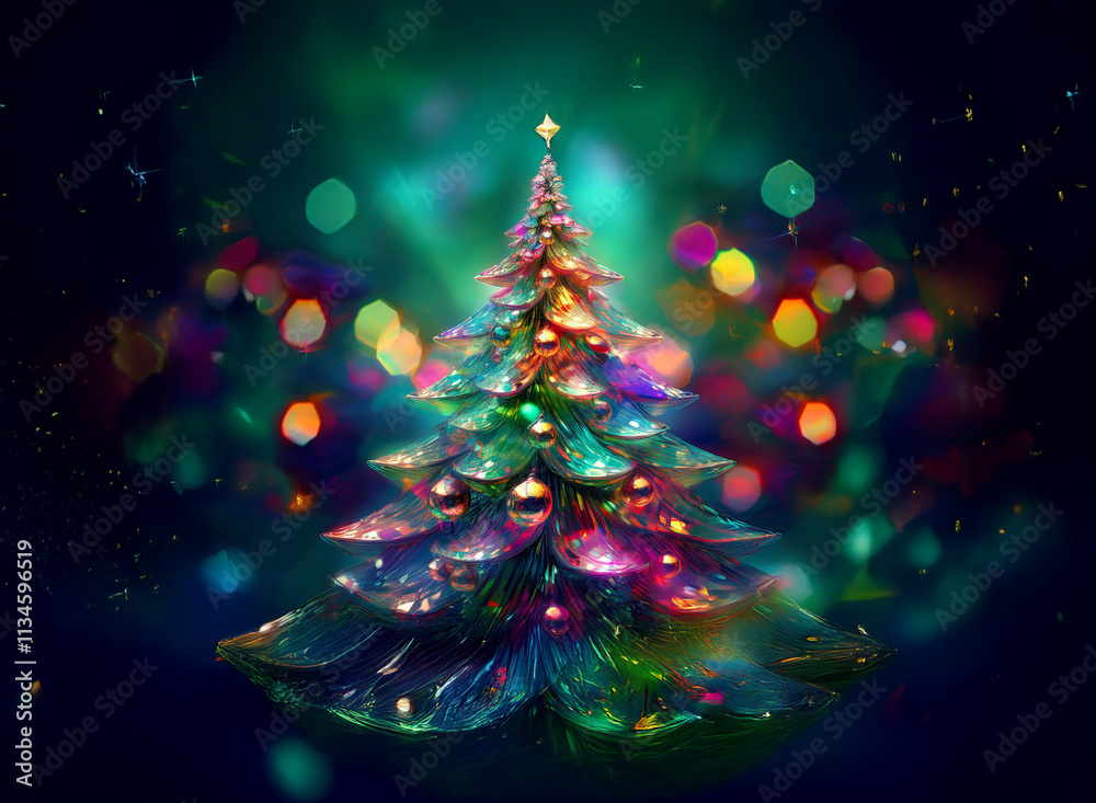 Poster a vibrant, iridescent christmas tree glows with colorful lights and ornaments against a dark, bokeh-