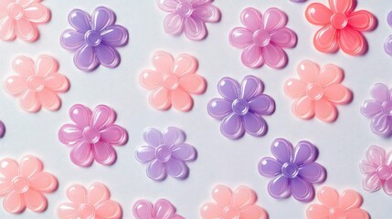 flower-shaped stickers, transparent background, pastel colors, pink and purple tones, plastic texture, simple pattern.